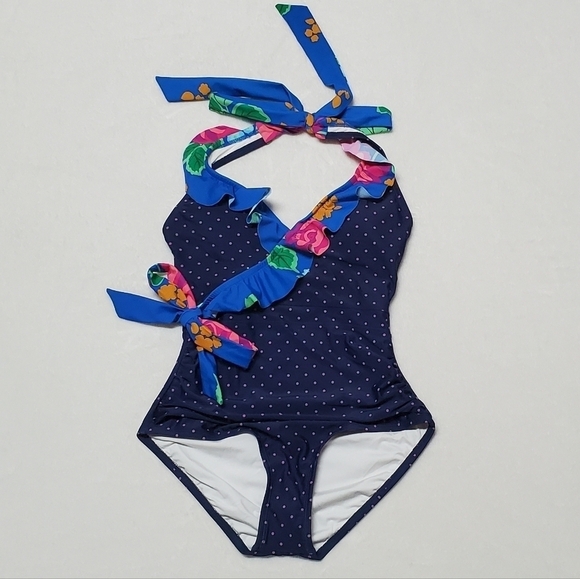 MATILDA Jane Sandcastle Queen Swimsuit Floral Ruffle Halter Pink Polka-dot Small - Picture 2 of 12